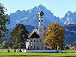 A Catholic Church near Füssen with the Alps in the background