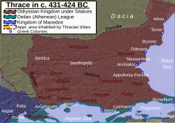 Thrace and the Thracian Odrysian Kingdom under Sitalces c. 431–424 BC, showing the territories of several Thracian tribes