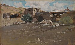 George Lambert's painting of the repaired bridge at Jisr Benat Yakub showing the buildings at the western end in 1919