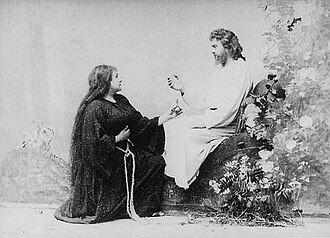 Amalie Materna as Kundry with Ernest van Dyck as Parsifal in act 3, scene 1, Bayreuth 1889