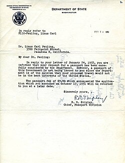 Denial letter from Ruth B. Shipley, Chief Passport Division, Department of State to Linus Pauling on February 14, 1952