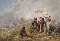 Thomas Baines with Aboriginal Australians near the mouth of the Victoria River.