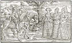 Macbeth and Banquo encountering the witches from Holinshed's Chronicles (1577)[3]
