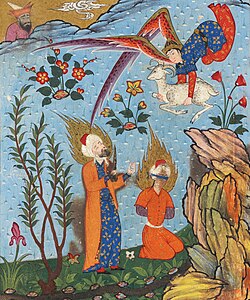 Islamic miniature of Ibrahim's sacrifice of his son being stopped by the angel Jibril, delivering a sheep instead, from a Persian 1577 Stories of the Prophets manuscript