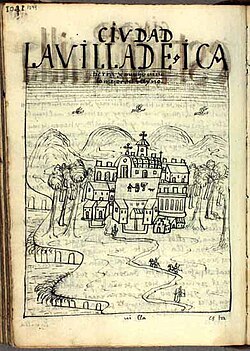 "The town of Ica, land of much wine, the best of the kingdom", painting of 1615 by the Inca painter Guamán Poma in his work "Nueva corónica y buen gobierno". Royal Library, Denmark.[17]