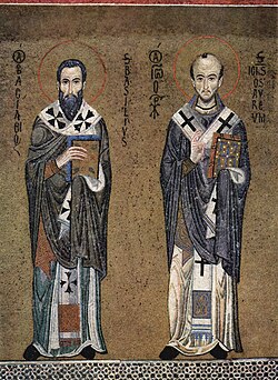 Icon of Ss. Basil the Great (left) and John Chrysostom, ascribed authors of the two most frequently used Eastern Orthodox Divine Liturgies, c. 1150 (mosaic in the Palatine Chapel, Palermo).