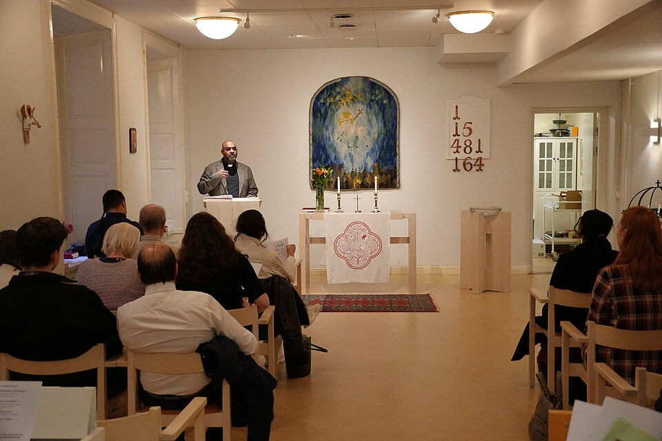 A service of worship in a Moravian congregation in Stockholm, Sweden. In Sweden, the two existant Moravian congregations are part of the Evangeliacl-Lutheran Church of Sweden.
