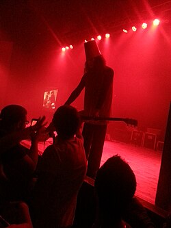 Buckethead letting fans use the kill switch on his guitar during his show at the Granada in Lawrence, Kansas on April 15, 2016