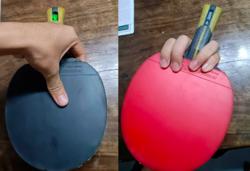 The forehand (red) and backhand (black) view of the Spider Grip. The backhand side is not in play, though you can backhand it as if you are using one-sided penhold.