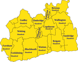 A map showing the traditional boundaries of Surrey (c. 800–1899) and its constituent hundreds