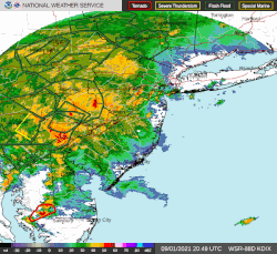 Radar reflectivity depicting the remnants of Ida producing severe weather and flash flooding in the Northeastern United States on September 1.