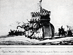 "The Emperor Kublai Khan in a tower carried by four elephants on the day of the battle". French engraving, 18th century.