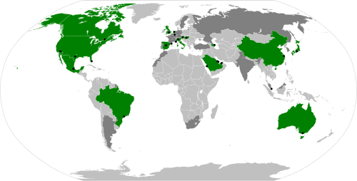 World map showing the location of Formula 1 Grands Prix: countries marked in green are on the current race schedule, those in dark grey have hosted a Formula One race in the past.[e]