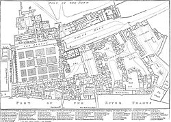 Map of Whitehall in 1680, showing the Palace of Whitehall and Scotland Yard. To the west of Holbein Gate, the road was known as The Street.