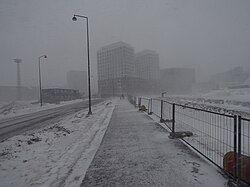 A view of Jätkäsaari, Helsinki, Finland, during a brief but intense blizzard on a March evening.