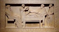 Banquet scene of a Satrap, on the "Sarcophagus of the Satrap", Sidon, 4th century BC