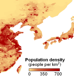 A map of population density around the Yellow Sea in East Asia (1994)[36]