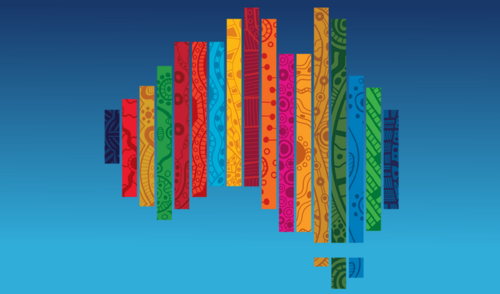 17 individual, yet interconnected, art strips symbolising each of the 17 interconnected Sustainable Development Goals in the shape of the Australian continent