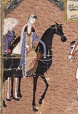 Timur's Empress, Saray Mulk Khanum, former wife of Amir Husayn, visiting Timur in camp in 1387. Zafarnama of 1435-36.