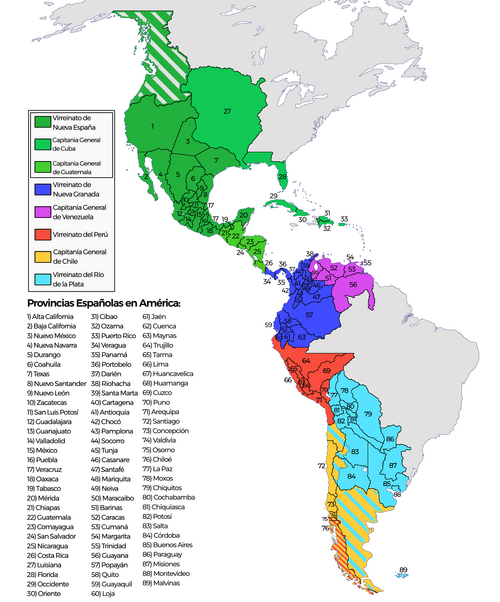The Americas towards the year 1800, the colored territories were considered provinces in some maps of the Spanish Empire.