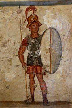 Fresco of an ancient Macedonian soldier (thorakites) wearing chainmail armor and bearing a thureos shield, 3rd century BC, İstanbul Archaeology Museums
