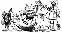 1903 political cartoon. The US government, working with separatists in Panama, engineered a Panamanian declaration of independence from Colombia, then sent US warships and marines to Panama to prevent Colombian intervention.[58]