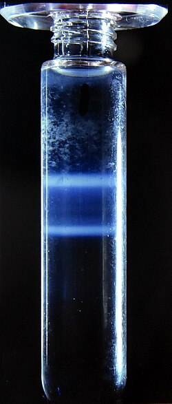 Caesium chloride (CsCl) solution and two morphological types of rotavirus. Following centrifugation at 100,000 g a density gradient forms in the CsCl solution and the virus particles separate according to their densities. The tube is 10 cm tall. The viruses are the two "milky" zones close together.[61]