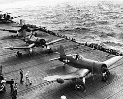 Another perspective of the Corsairs preparing to launch.