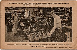 United States Post Office pneumatic mail tubes in operation in New York City