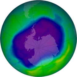 Image of the ozone hole spanning almost all of Antarctica