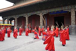Confucian ritual ceremony held at Qufu Confucius temple in Shandong, China.