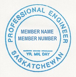 Professional engineer's seal (in fact a rubber stamp) in the Province of Saskatchewan, Canada