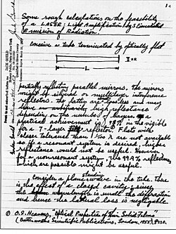 LASER notebook: First page of the notebook wherein Gordon Gould coined the acronym LASER, and described the elements required to construct one. Manuscript text: "Some rough calculations on the feasibility / of a LASER: Light Amplification by Stimulated / Emission of Radiation. / Conceive a tube terminated by optically flat / [Sketch of a tube] / partially reflecting parallel mirrors..."