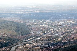 Neckar river course near Stuttgart-Untertürkheim through heavily industrialized area
