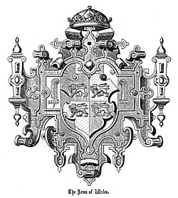 A 16th century illustration by Lewys Dwnn of the "Arms of Wales" which shows the Crown of the Principality surmounting the Arms. In this illustration the "crown" is clearly a coronet and of a curious design. Given that Llywelyn's crown was still in existence at this time and in the possession of the English monarch then this may be a representation of what that original Welsh crown looked like as seized by Edward I in 1283.