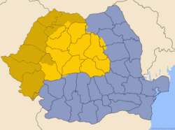 Map of Romania with "Transylvania proper" in bright yellow
