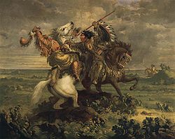 The Death of Omoxesisixany or Big Snake by Paul Kane, depicting a battle between a Blackfoot and Plains Cree warrior on horseback.