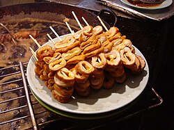 Deep-fried pork bung skewers