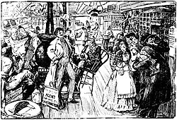 Fanciful drawing of a general store by Marguerite Martyn in the St. Louis Post-Dispatch on October 21, 1906. On the far left, a group of men share reading a newspaper.