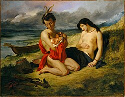 Oil painting of a pale and handsome man with feathers in his hair sitting on a river bank holding a baby with the mother reclining behind him, breast-bared. A canoe is behind them, and a tomahawk is lying on the ground in front of them.