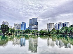 The building complex of King Chulalongkorn Memorial Hospital, the teaching hospital of the Faculty of Medicine, Chulalongkorn University, as seen from Lumphini Park.