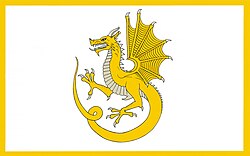 c. 1400 – c. 1416, Y Ddraig Aur, royal standard of Owain Glyndŵr, Prince of Wales, raised over Caernarfon during the Battle of Tuthill in 1401 against the English (Modern image).
