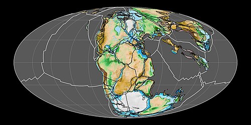 The supercontinent Pangaea in the early Mesozoic (around 200 million years ago)