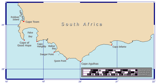 Map of the Cape of Good Hope and Cape Agulhas, the southernmost point of Africa.