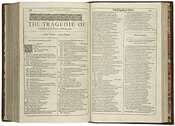 The first page of the First Folio printing of Hamlet, 1623