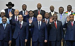 Former President Hage Geingob (second row, first from the right) with other African leaders and Russian President Vladimir Putin at the Russia–Africa Summit in Sochi, 24 October 2019