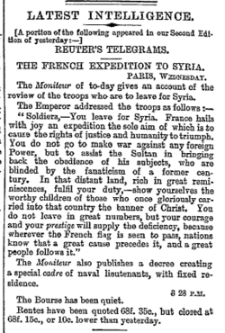 The Times report of the French Expedition, August 9, 1860, describing how the expedition was cast as humanitarian