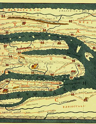 Tabula Peutingeriana (section of a modern facsimile), top to bottom: Dalmatian coast, Adriatic Sea, southern Italy, Sicily, African Mediterranean coast