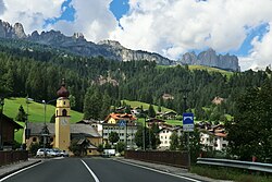 Strada statale 48 delle Dolomiti in Soraga. It is a mountainous road that runs through the Dolomites area from South Tyrol, through Trentino to Cadore.