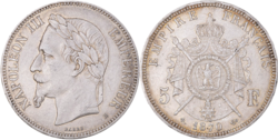 Silver coin: 1870 Five franc coin with the bust of Napoleon III